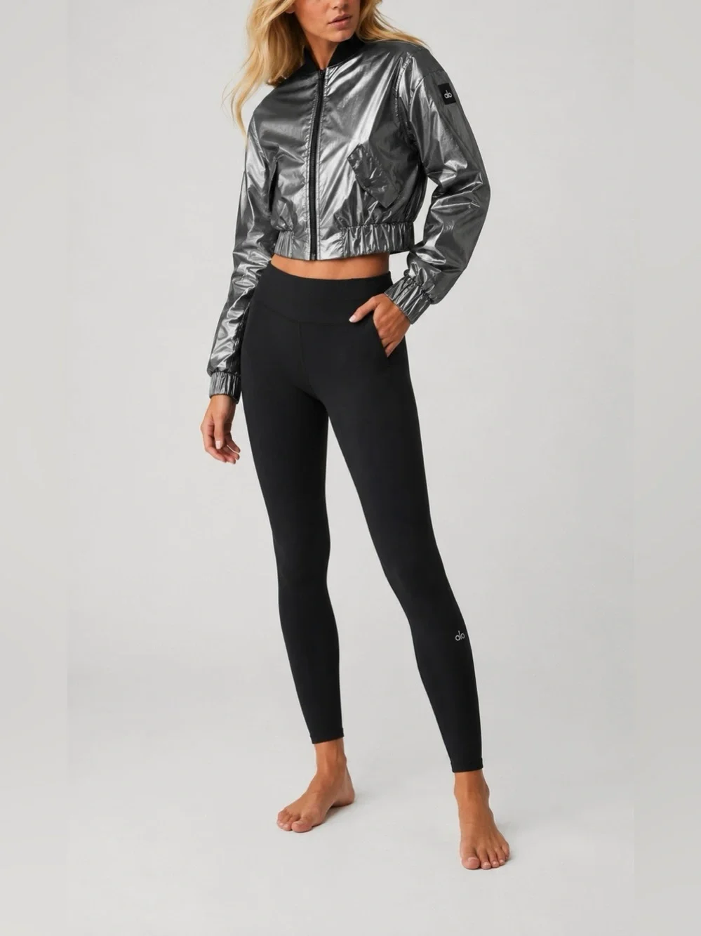 Retired Alo Yoga Metallic Cropped Break Line Bomber Jacket XS Silver Chrome NWT